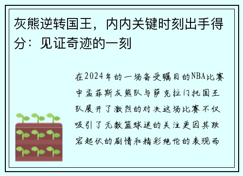 灰熊逆转国王，内内关键时刻出手得分：见证奇迹的一刻